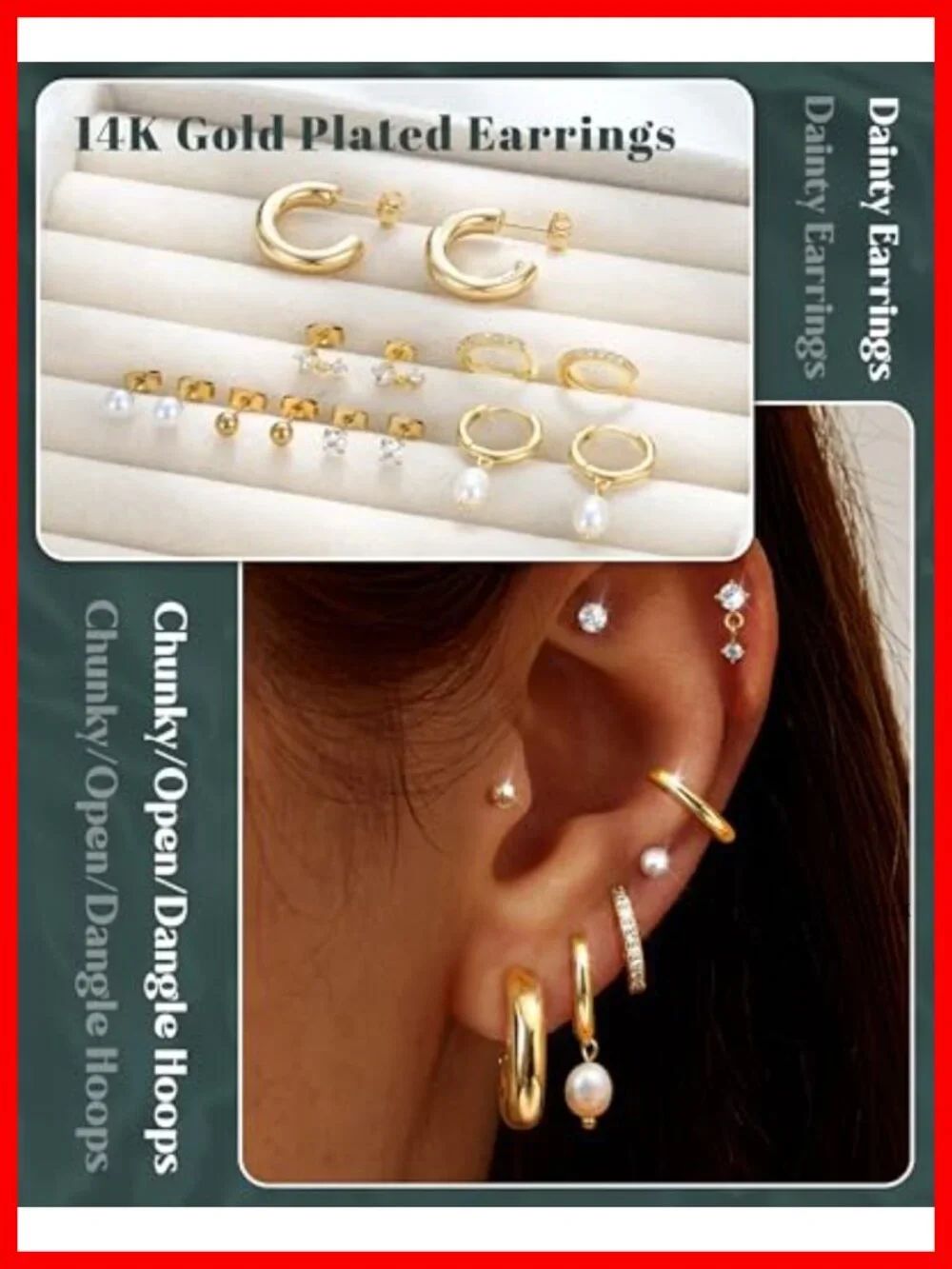 14K Gold Plated Hypoallergenic Stud Hoop Earrings Set for Women - Dainty